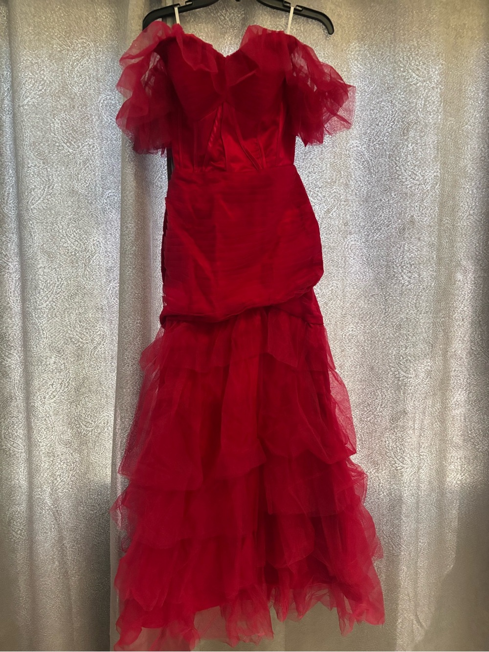 Red Tulle Ruffle Off-Shoulder Gown